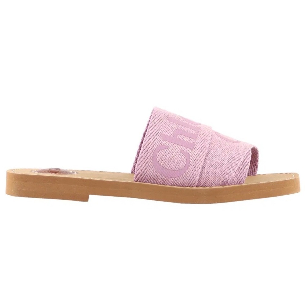 Chloe Woody Flat Slide Sandals Purple Pink Canvas Logo Ribbon Square Toe Italy - Picture 2 of 9